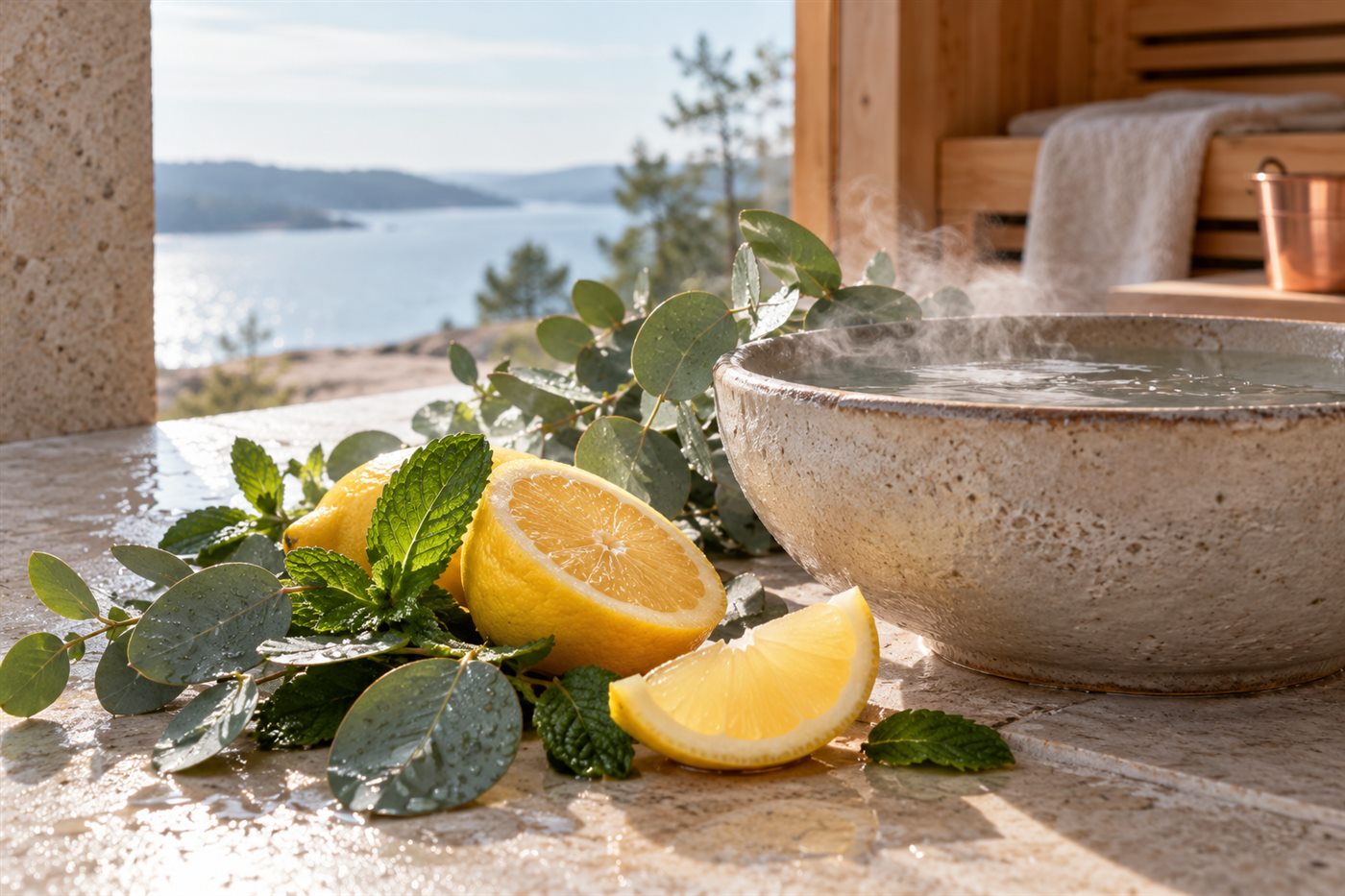 Citrus, eucalyptus og mynte ved en skål med varmt vand